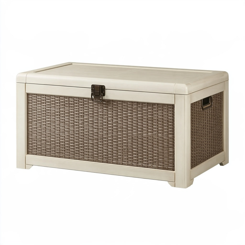 Aufbewahrungstruhe 110 x 55 x 60 cm aus Kunststoff Beige/Braun in Rattanoptik
