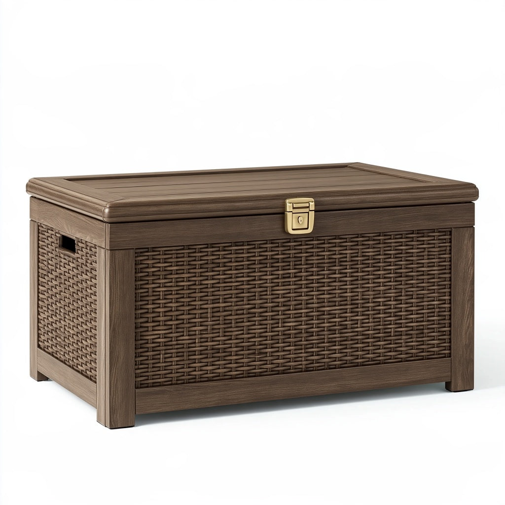 Aufbewahrungstruhe 90 x 50 x 55 cm braun Kunststoffgeflecht für Garten mit Deckel