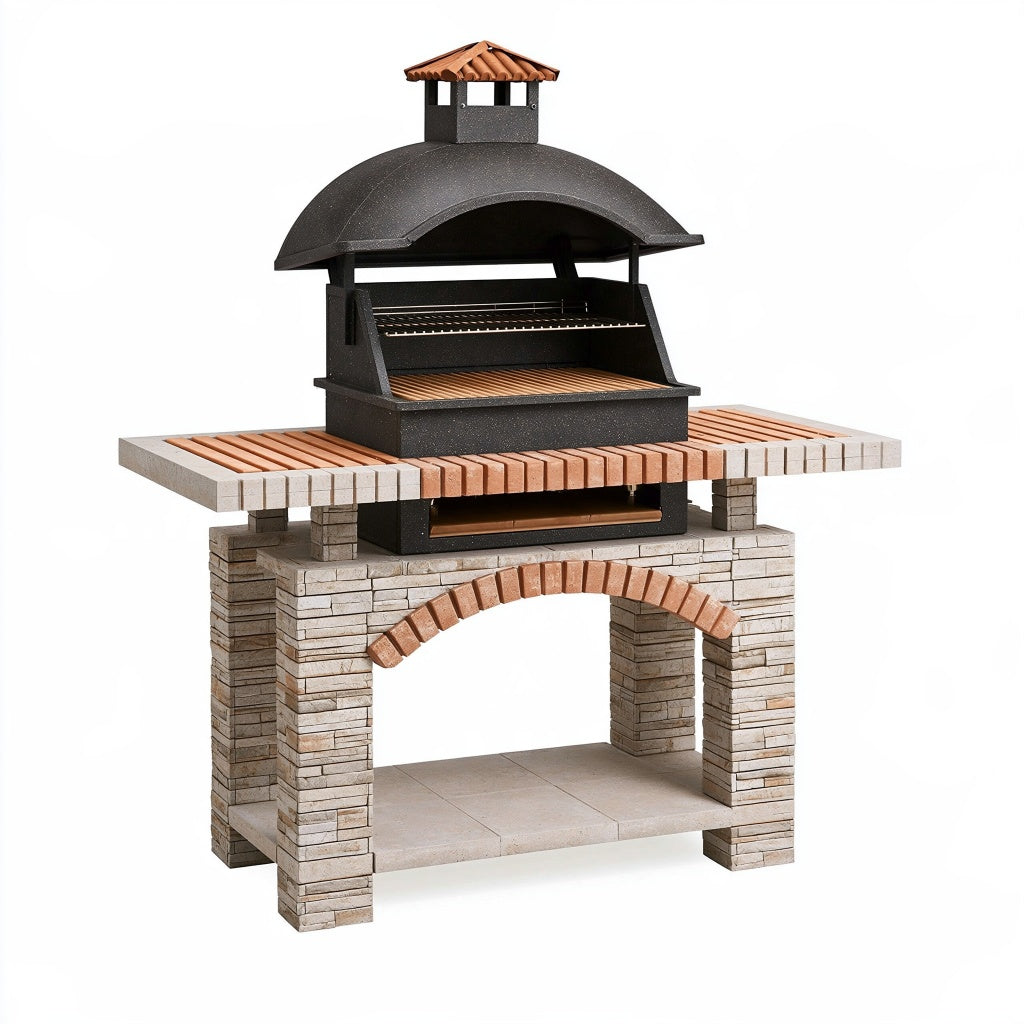 Gartengrill 180 x 90 x 210 cm aus Stein und Metall schwarz beige terrakotta mit Grillhaube
