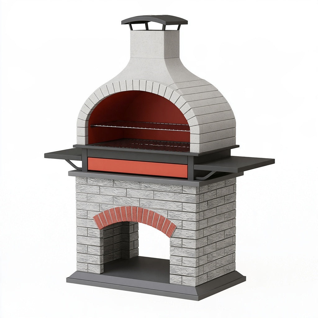 Gartenkamin 120 x 80 x 210 cm in Grau Schwarz Rot aus Stein und Metall mit Grillfunktion