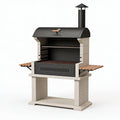 Grillkamin 120 cm aus Stahl und Beton Schwarz Beige mit Holzablagen