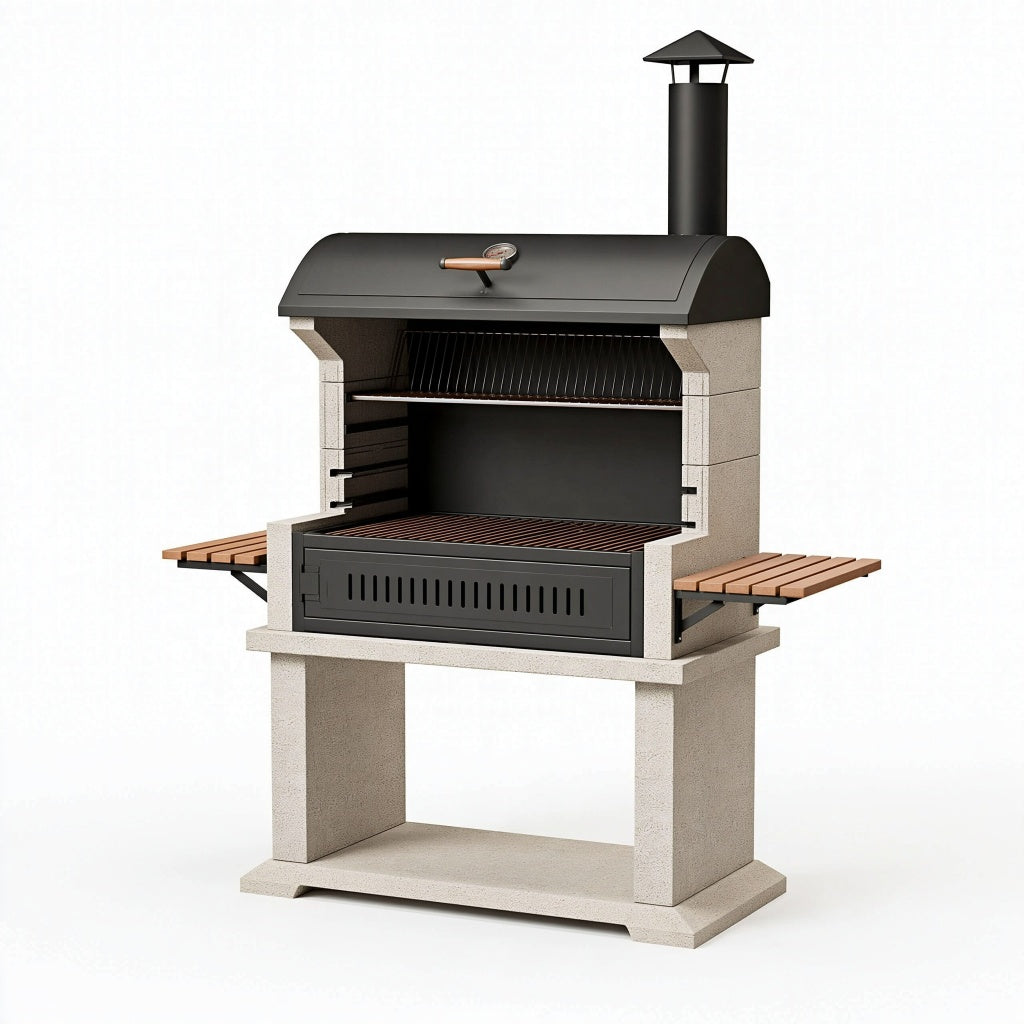 Grillkamin 120 cm aus Stahl und Beton Schwarz Beige mit Holzablagen