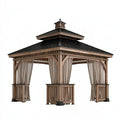 Gartenpavillon 300 x 300 x 320 cm Holz Beige Schwarz mit Metall-Doppeldach und Vorhängen