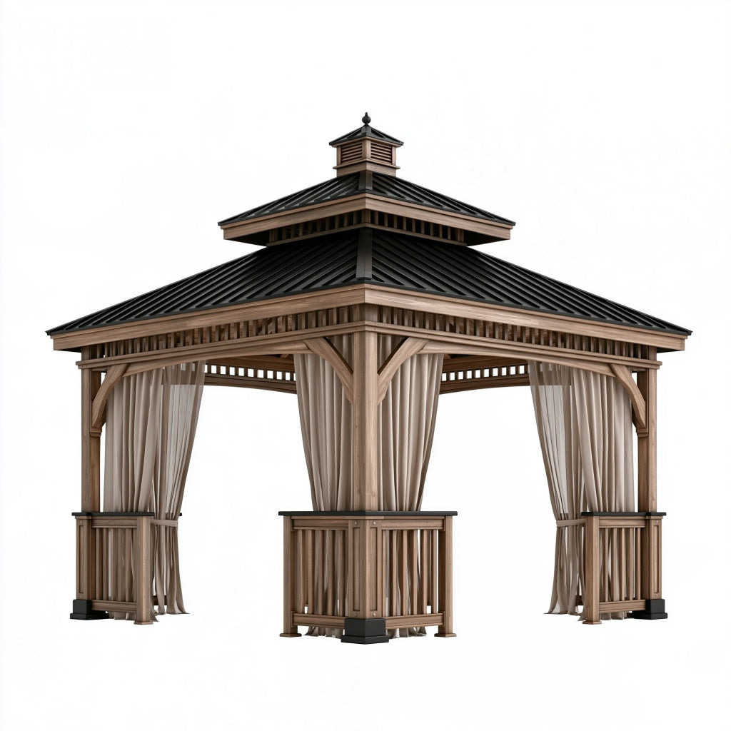 Gartenpavillon 300 x 300 x 320 cm Holz Beige Schwarz mit Metall-Doppeldach und Vorhängen