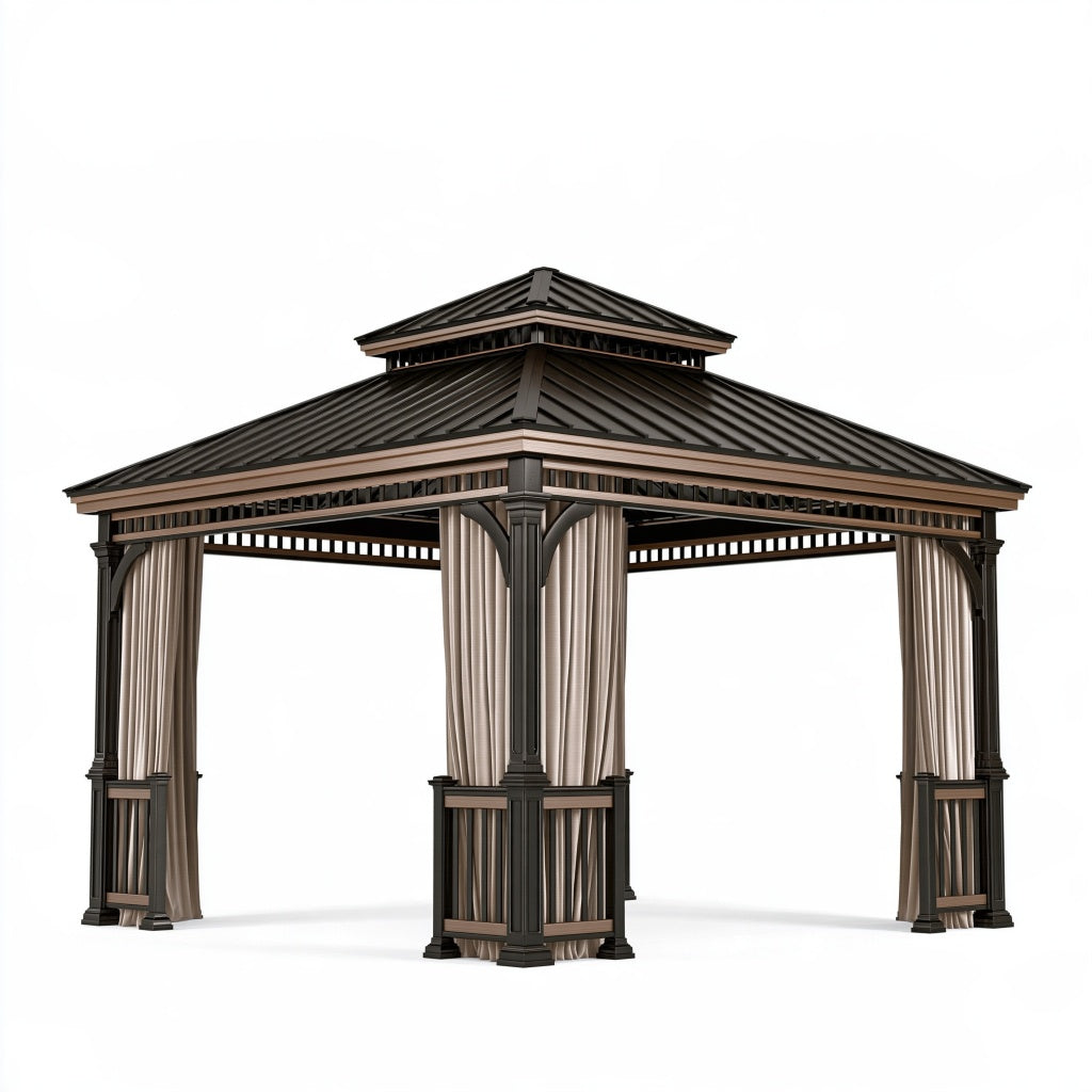Gartenpavillon 300 x 300 x 300 cm Metall Braun-Beige mit Vorhängen