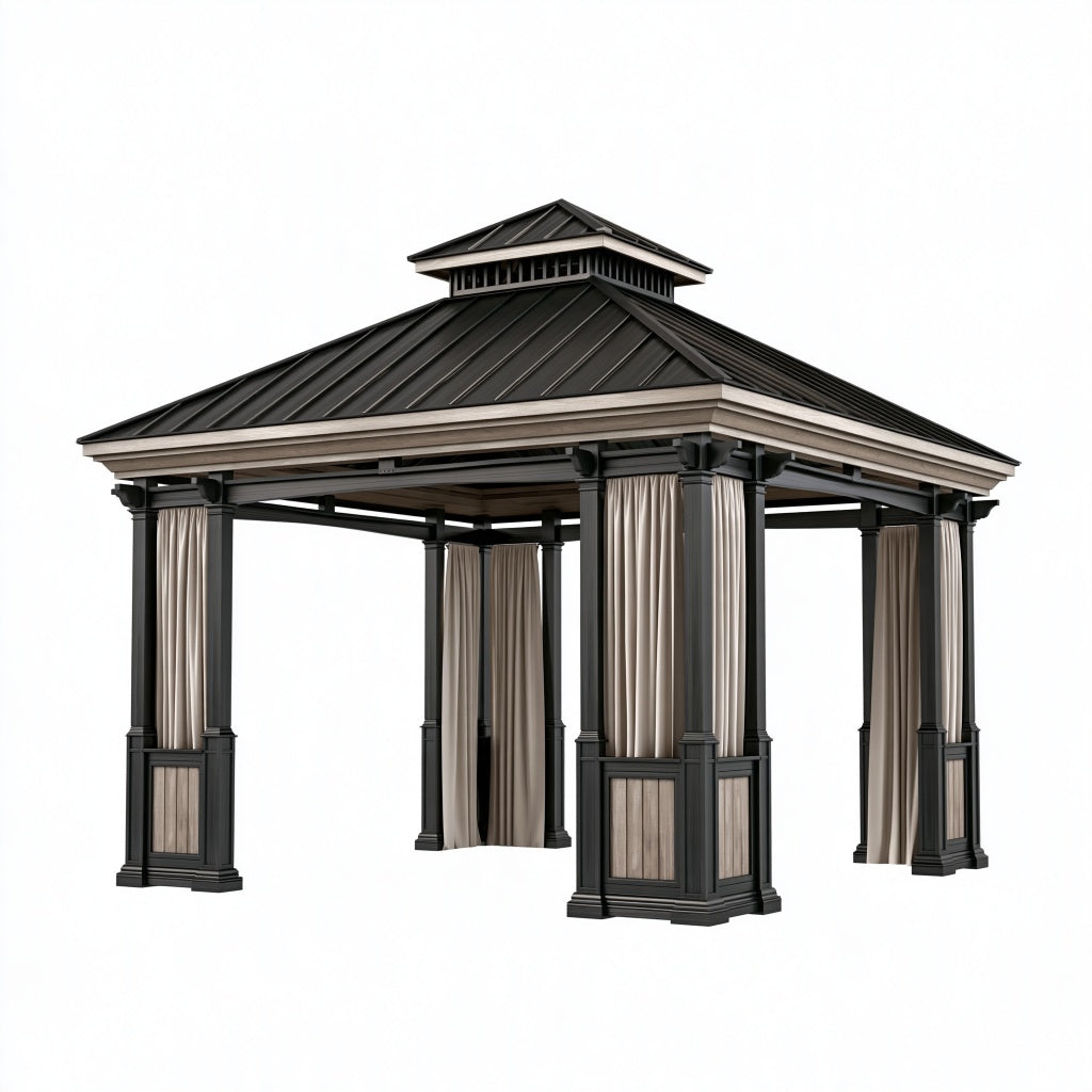 Gartenpavillon 300 x 300 x 320 cm Metall Schwarz-Beige mit Vorhängen