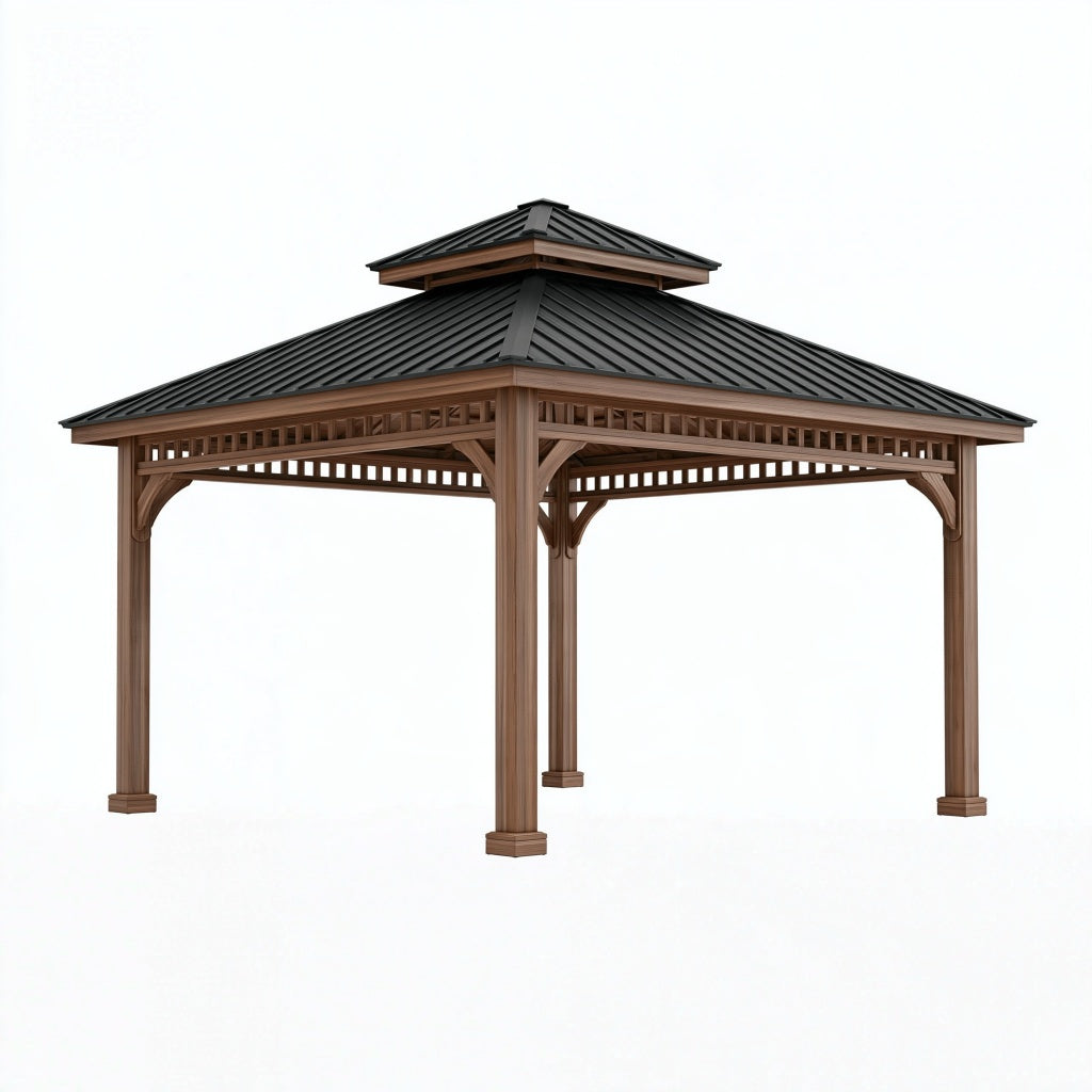 Pavillon 400 x 300 cm Holzoptik mit Metall-Doppeldach für Garten