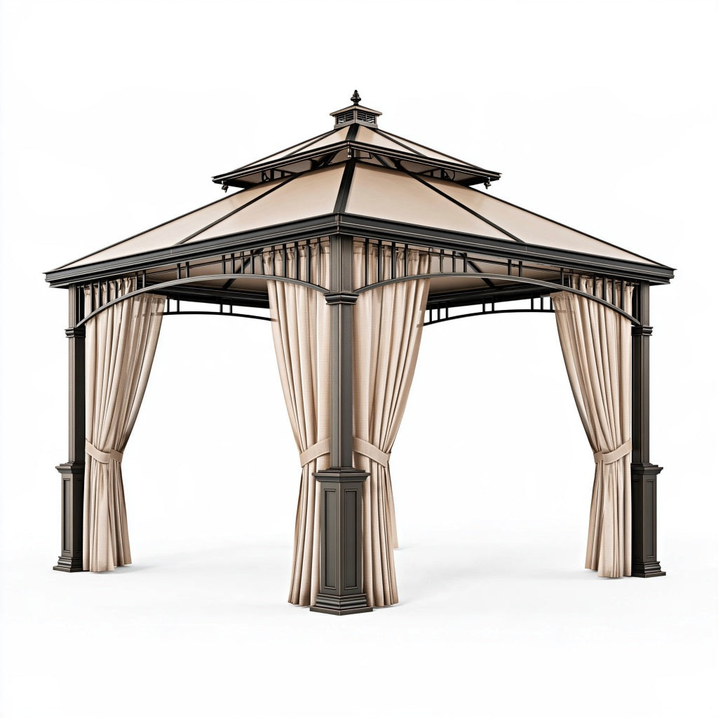 Pavillon 300 x 300 x 300 cm aus Metall und Textil in Schwarz Beige mit Vorhängen