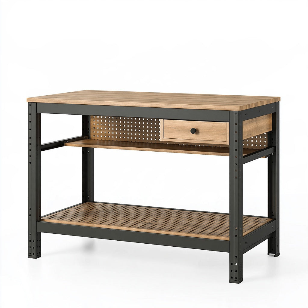 Werkbank 120 x 60 x 90 cm aus Holz und Stahl in Braun Schwarz mit Schublade und Lochwand im Industriestil