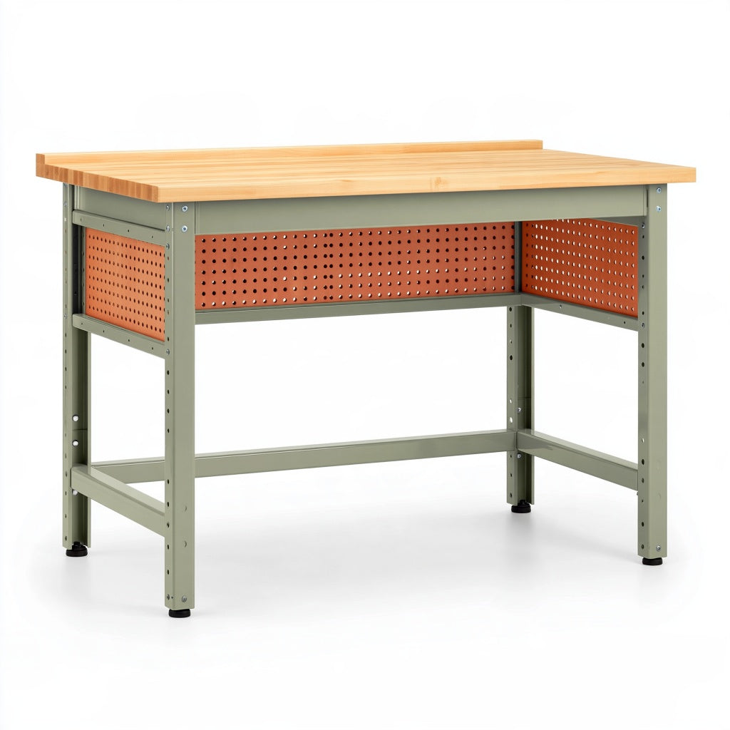 Werkbank 120 x 60 x 85 cm mit Holzplatte und Stahlgestell im Industriestil