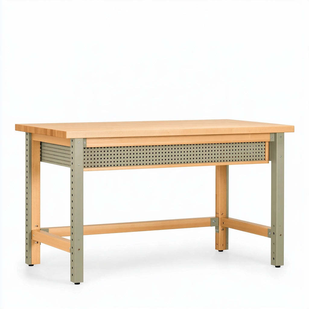 Werkbank 120 x 60 x 75 cm aus Holz und Metall in Naturgrün höhenverstellbar