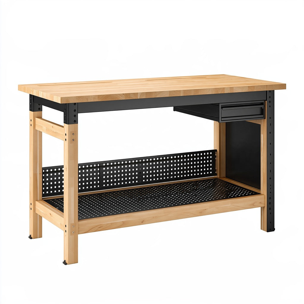 Werkbank 150 x 70 x 90 cm aus Massivholz und Stahl in Natur Schwarz mit Schublade und Ablage