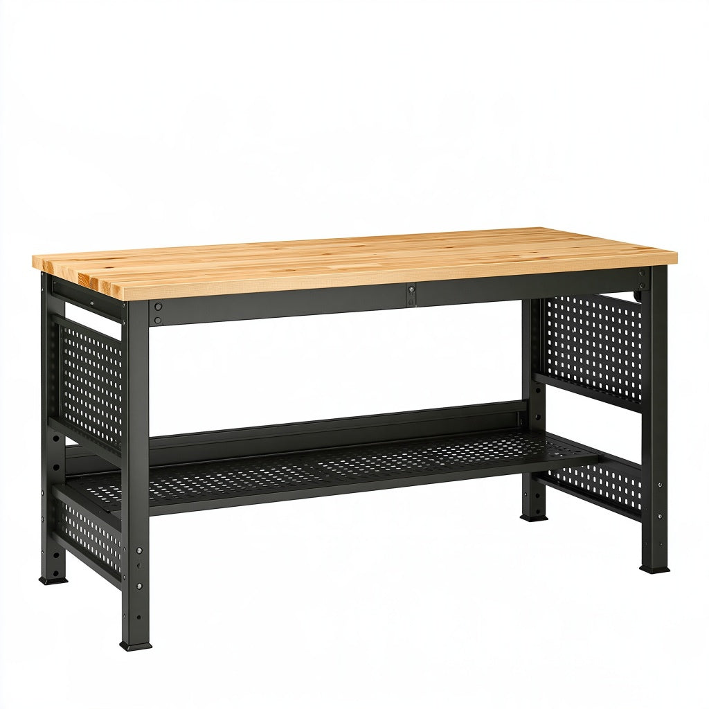 Werkbank 120 x 60 x 90 cm Holz Metall Natur Schwarz mit Ablageboden