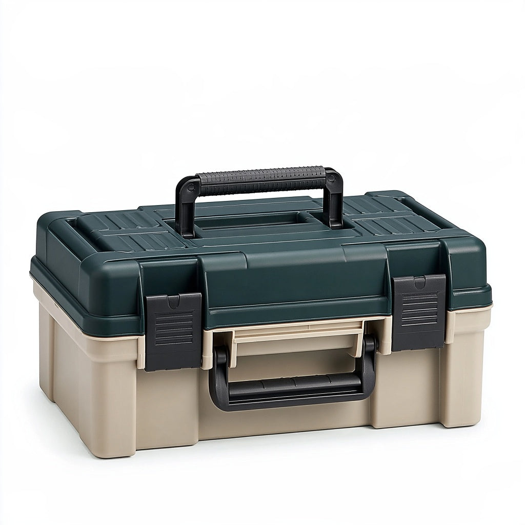 Werkzeugkoffer 45 x 25 x 22 cm aus Kunststoff dunkelgrün beige mit Tragegriff