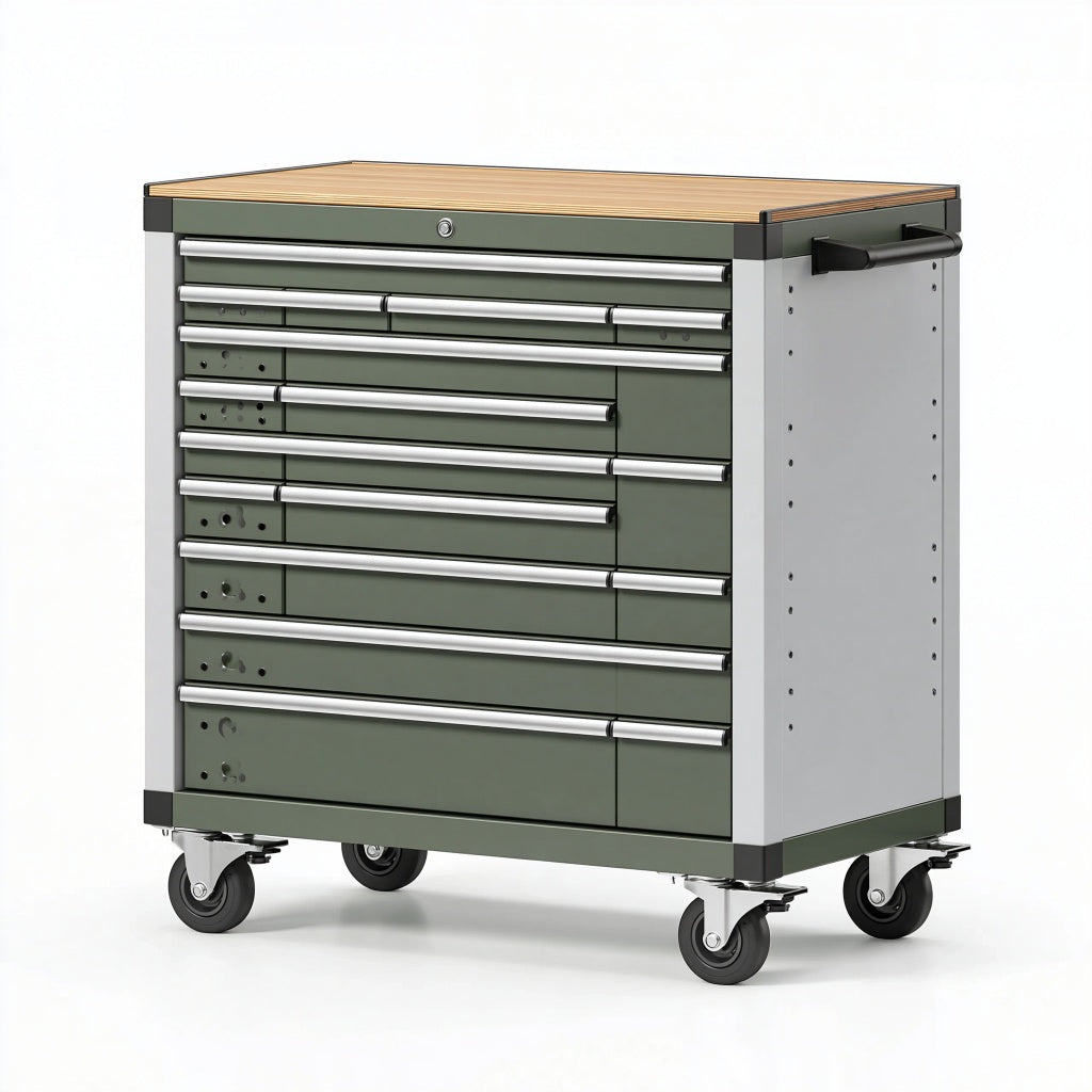 Werkstattwagen 85 x 46 x 98 cm aus Stahl Grün mit Holzarbeitsplatte und Rollen