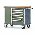 Werkzeugwagen 120 cm aus Stahl in Grün Blau mit Holzplatte und Rollen