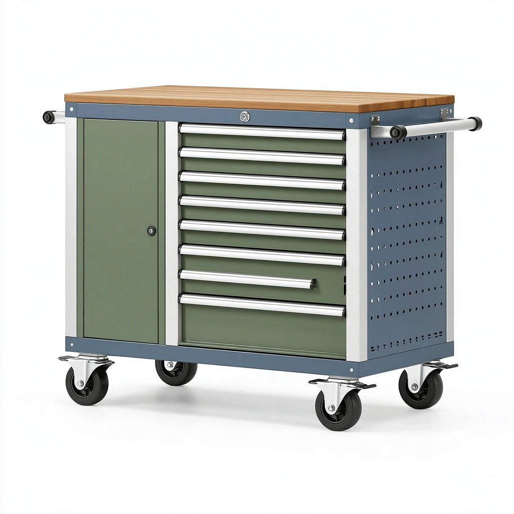 Werkzeugwagen 120 cm aus Stahl in Grün Blau mit Holzplatte und Rollen