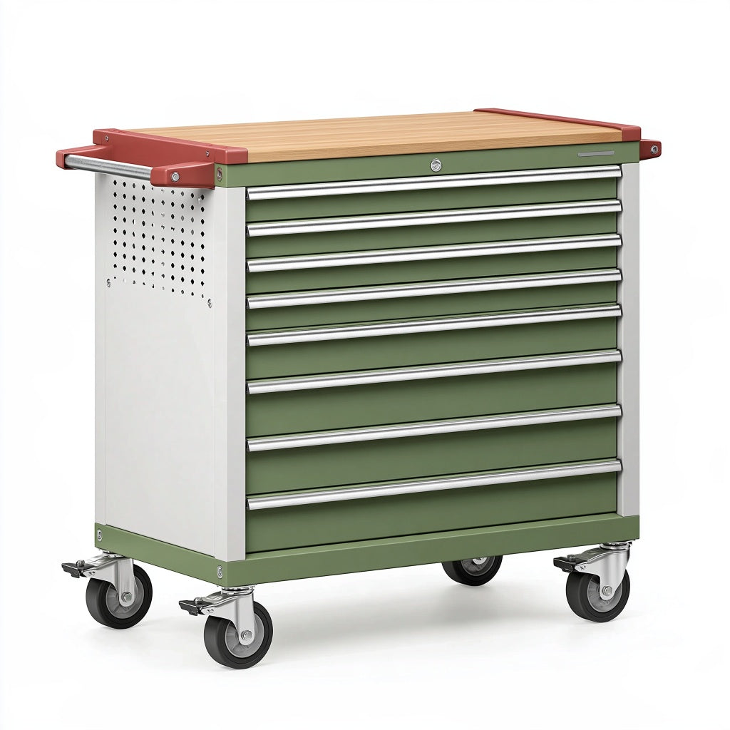 Werkzeugwagen 85 x 46 x 97 cm aus Metall Grün mit Holzarbeitsplatte und 7 Schubladen