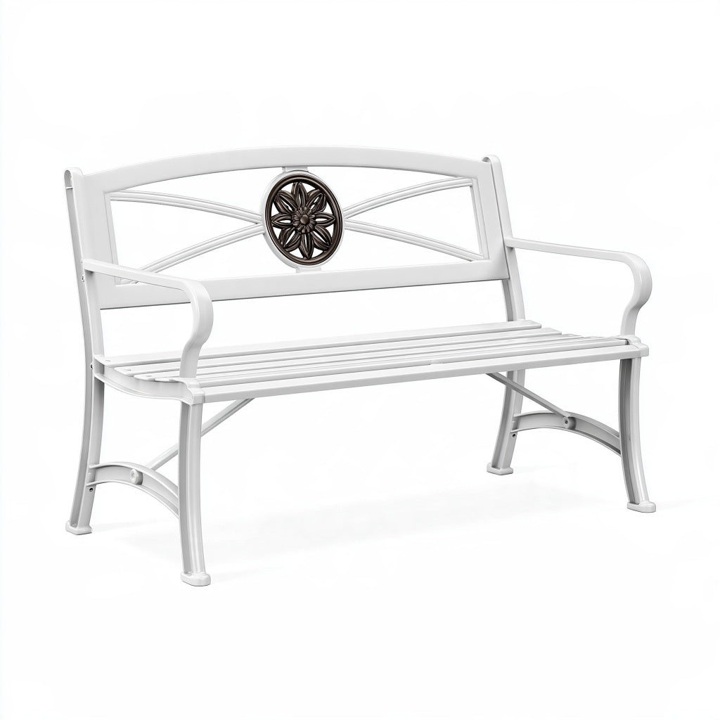 Gartenbank 122 x 60 x 88 cm aus Metall Weiß mit floralem Rückendekor